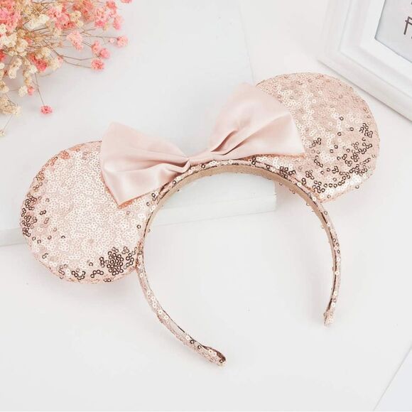 Minnie Mouse Ear Headband Pink-Gold Sparkle Shimmer Sequins with Bow. - Picture 1 of 5